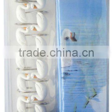 swan design shower curtain with 12pcs decorative resin hooks