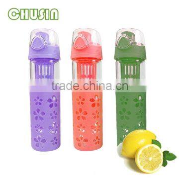 heat-resistant glass water bottle with silicone cover and PP lid 100% BPA free