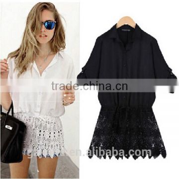 2015 Womens Tops Fashion Sexy Lace Hem Stitching Loose Bat Sleeve Chiffon Blouse Long Sleeve Casual Leisure Shirt