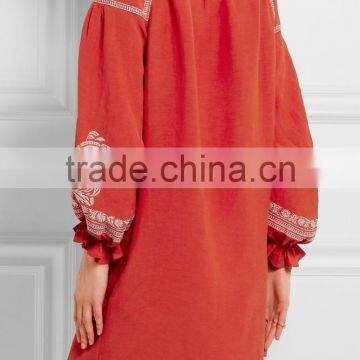 Cool Bohemian Embroidered Slub Crepe Linen Mini Dress Hand Flora Embroidery Designs 2016 HSD5750 photo-4