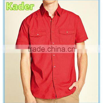 Classic cotton blend man shirts two pockets short sleeve red shirts