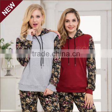 New Wholesale Cvc Women Fancy Printing Pajama With Hood Custom Front Pocket Design Winter Pajamas Set for Lady photo-2