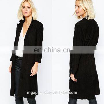 Ladies long coats suede fabric open front black suede leather trench coat wholesale