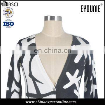 OEM Spring Black And White Pattern Print Fabric Winter Long Women Cardigan photo-3