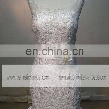 Generous Scoop Neck See Through Sexy Back Fish Style Lace Beads Wedding Dress With Handmade Flower photo-2