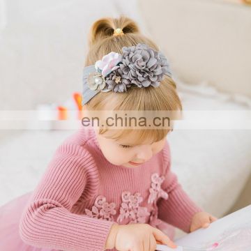 Princess Girl Nylon headband Kids Soft Silk flower pearl Patchwork headwear Boutique 8colors