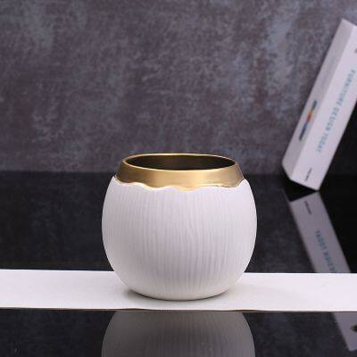 Wide Mouthed White Stripe Gild Hand Made Ceramic Vase For Hallway Decoration photo-4