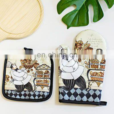 Amazon Hot Sale Heat Insulating Pot Holder Sets Printed Christmas Cotton Linen Microwave Oven Gloves Oven Mitts