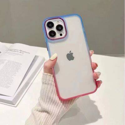 Metal Button Gradient Frame For Iphone 13 Pro Max Hd Transparent 11/12/14 Tpu Two-color Mobile Phone Case 7/8p/X Cover For Girl photo-5