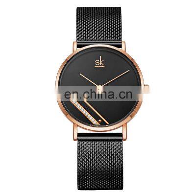 SHENGKE Elegant Lady Watch Stainless Steel Mesh Band In Quartz Movement K0106L Black Watch SK