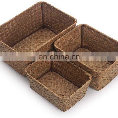 Natural Handmade Woven Storage Bins Small Woven Wicker Open Storage, Rectangular Handmade Seagrass Baskets