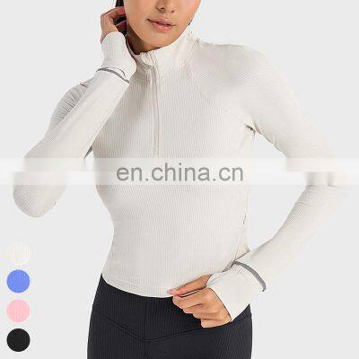 Women Breathable Clothing Running Wear Custom Sports Shirts Gym Fitness Top Long Sleeve Ribbed Half Zip Yoga Shirt For Women photo-3