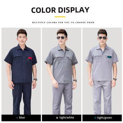 Summer short sleeved work clothes set for male and female workers, workshop labor protection clothing, sweat absorbing and breathable half sleeved work clothes wholesale