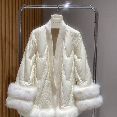 Fox hair, cashmere, goose down, parka fur, medium to long, versatile, high-end women's lace up wool coat
