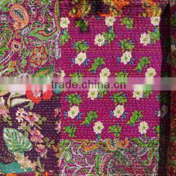 Handmade Patchwork Kantha Quilt, Queen Size with Tropical Print Patch, Indian Cotton Bedspread, Bohemian Bedding, Floral Kantha