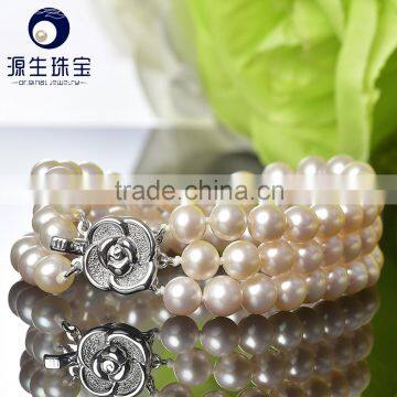 pearl jewelry fresh water pearl three layer bracelet white color near round shape aaa quality