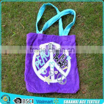 Bright purple color customer special design velour printed surf beach towel bag