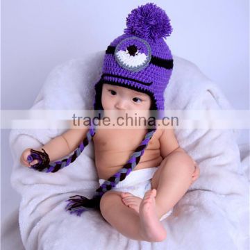 big eyes purple color handmade knitted crochet baby hat with long tail