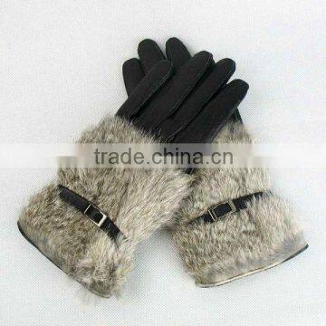 Grey Mink Rabbit Fur Cuff Wool Glove