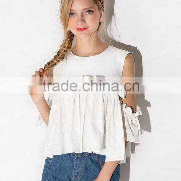 Women's Short Sleeve Solid Colour Round Neck Pleated Tops Blouse photo-5