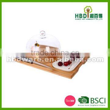 High Quality Glass Cheese Dome With Bamboo Board Set