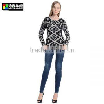 Wide Neck Long Sleeve Pullover, Fancy Argyle Cashmere Pullover