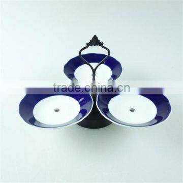 3pcs stock blue glaze ceramic cake fruit plate with metal stand