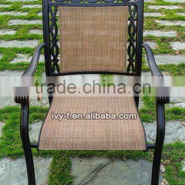 outdoor cast aluminum material chair with sling fabric armrest stackable spring dining chair