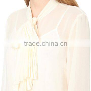 Wholesale Women Curved Hem Long Sleeves Buttoned Cuff Pleated-tie Chiffon Shirt(DQE0098T) photo-5