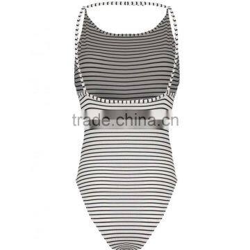 2016 New Fashion Lace Up Front Sleeveless Bodysuits Young Girl Black White Stripe Women Tops photo-5