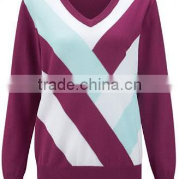 2014 New Fashion Ladies' V-neck Golf Sweater Magenta Multi High Quality 100% Cotton