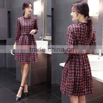 Z4013new spring 2016 long sleeve plaid lady dress