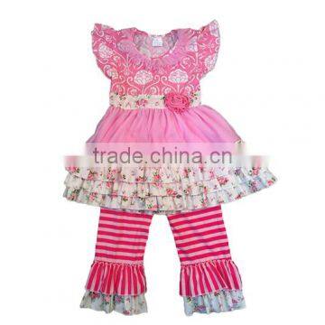 kids clothing manufacturer floral print pink color lace dress with stripe pants ruffle boutique outfit toddler girls outfits