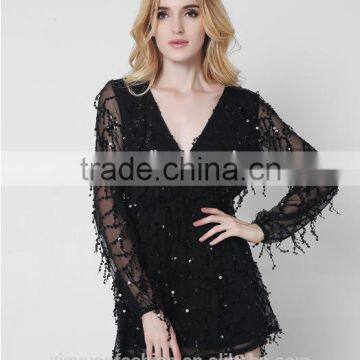 New Long Sleeves Deep V Sexy Dress Net Yarn Tassel Sequins Skirt Summer photo-4