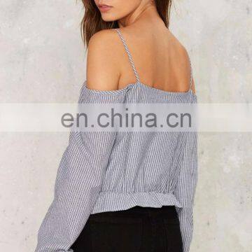 Women Casual Blouse Designs Cotton Striped off Shoulder Blouse photo-4
