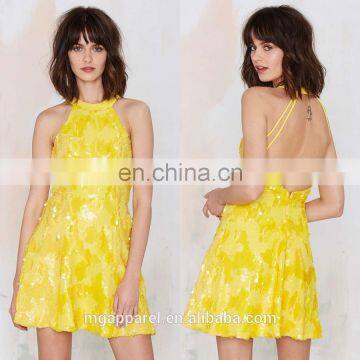 Hot slae Hanging neck beaded yellow colour party dress