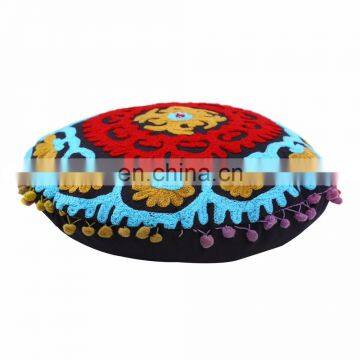 Embroidered Suzani Round Pillows Indian Floor Pom Pom Lace Cushion Cover Throw