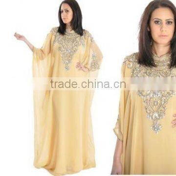 2014 New Arrive High Quality Elegant Kaftan Evening Dress with Beading O-Neck and Three Quarter Sleeve Kaftan Evening Dress