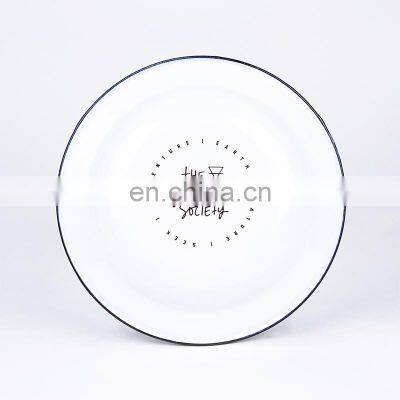 Customized white flower logo printing vintage round metal steel serving soap enamel oven pizza dish