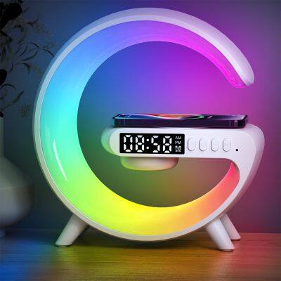 OEM Smart Wireless Bt Music Speakers with Wireless Charger LED Lamp Wake up Light Alarm Clock