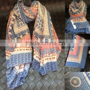 2016 Newest Vintage Blue Small Elephant Printed Women Cotton Scarf with Tassels