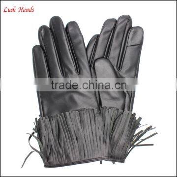 Fashion Index Finger Touch Screen Black Tassels Leather Gloves Women photo-3