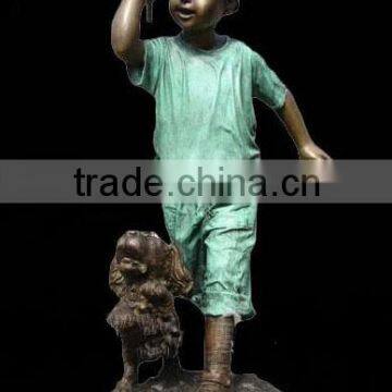 Bronze current boy with dog sculpture