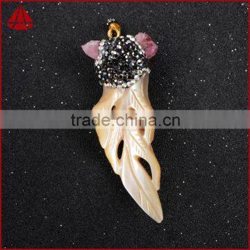 Boho CZ Micro Pave Sea Shell Pendant Jewelry With Rose Tourmaline Beads photo-6