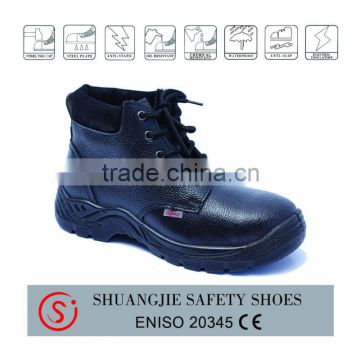 black smooth leather high ankle safety shoes with steel toe and mid plate hot selling in Chile 8066