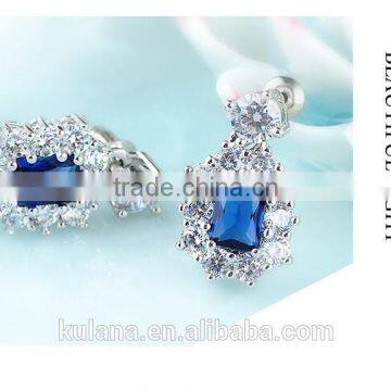 EZ-32 Crystal Micro Paving Brass Material Rhodium Plated Silver Wholesale Big Stone Earrings With Blue Zircon