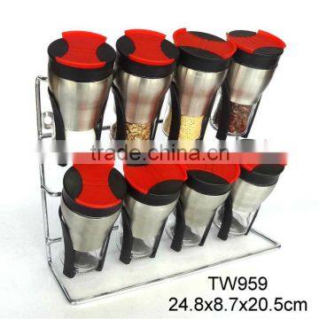 TW959 8pcs glass spice jar with metal casing and rack