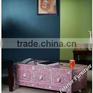 Coffee Table-Pink Mother of Pearl Inlay Three Drawer