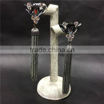Fashion Crystal Flower Earrings Gun Black Long Tassel Stud Earrings