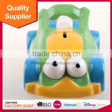 Hot selling car shape kids piggy bank ceramic money box with handle